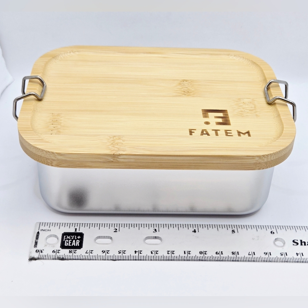 FATEM Stainless Steel Lunch Box with Bamboo Lid - Silver and Natural Wood - Picture 6 of 8